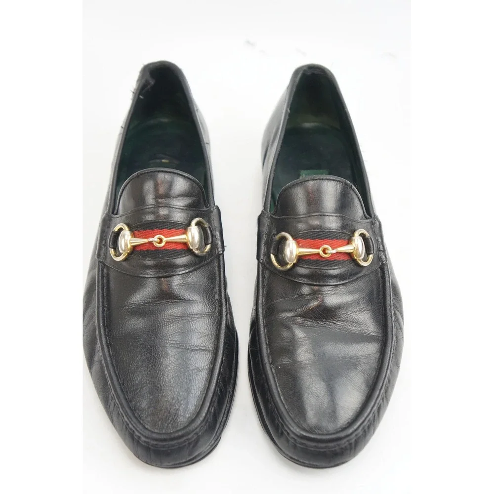 Gucci Horsebit Loafers 40.5 D Black Leather Web Stripe Vintage Good